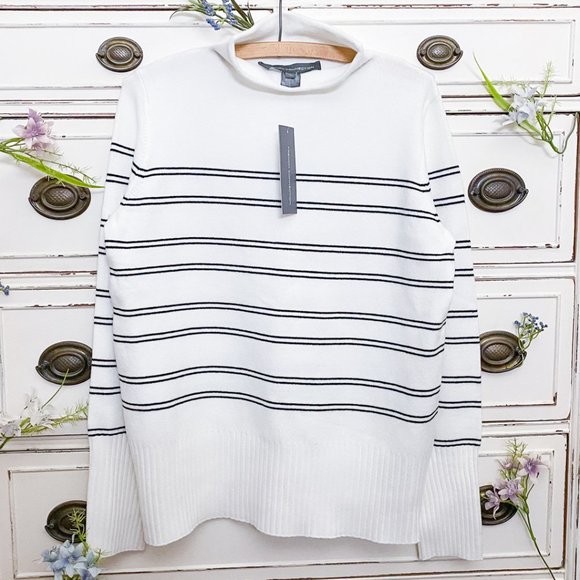 French Connection Sweaters - French Connection White & Black Striped Turtleneck Sweater